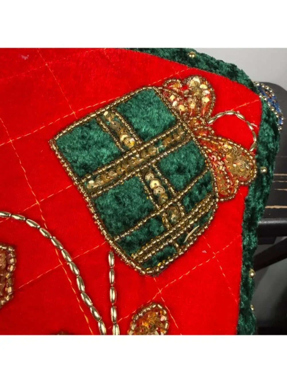 Vintage 3 crush Velvet Sequin Blue Red Green Christmas Tree Presents Pillows